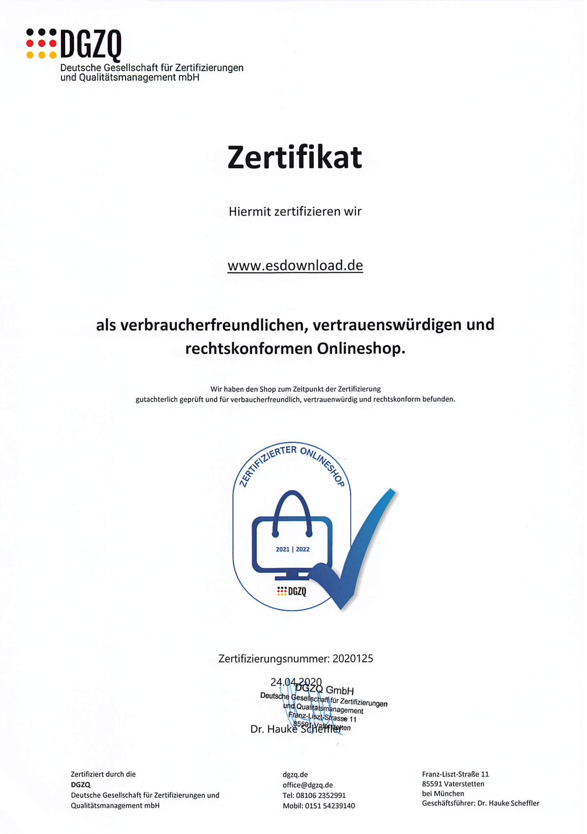 DGZQ zertifizierter Onlineshop für Softwarehandel